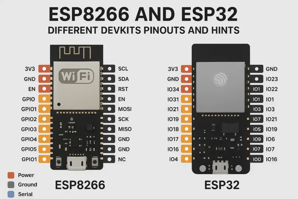 ESP8266 and ESP32 different devkits pinouts and hints