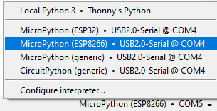 Thonny IDE selecting ESP8266 board